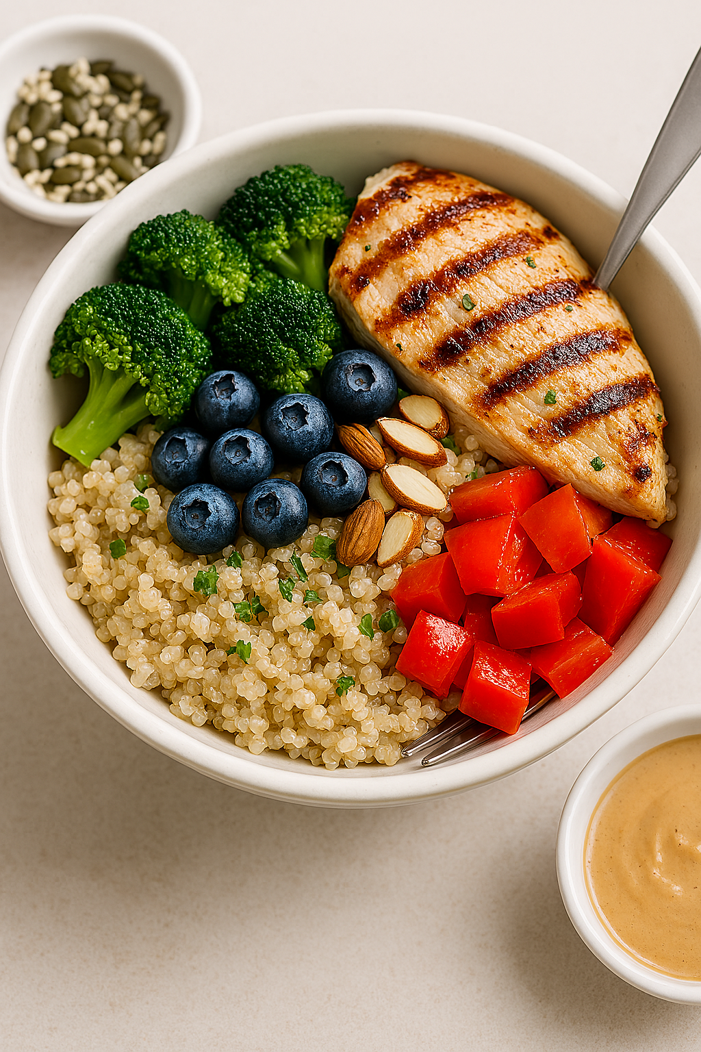 Grilled chicken quinoa bowl con brócoli y pimientos