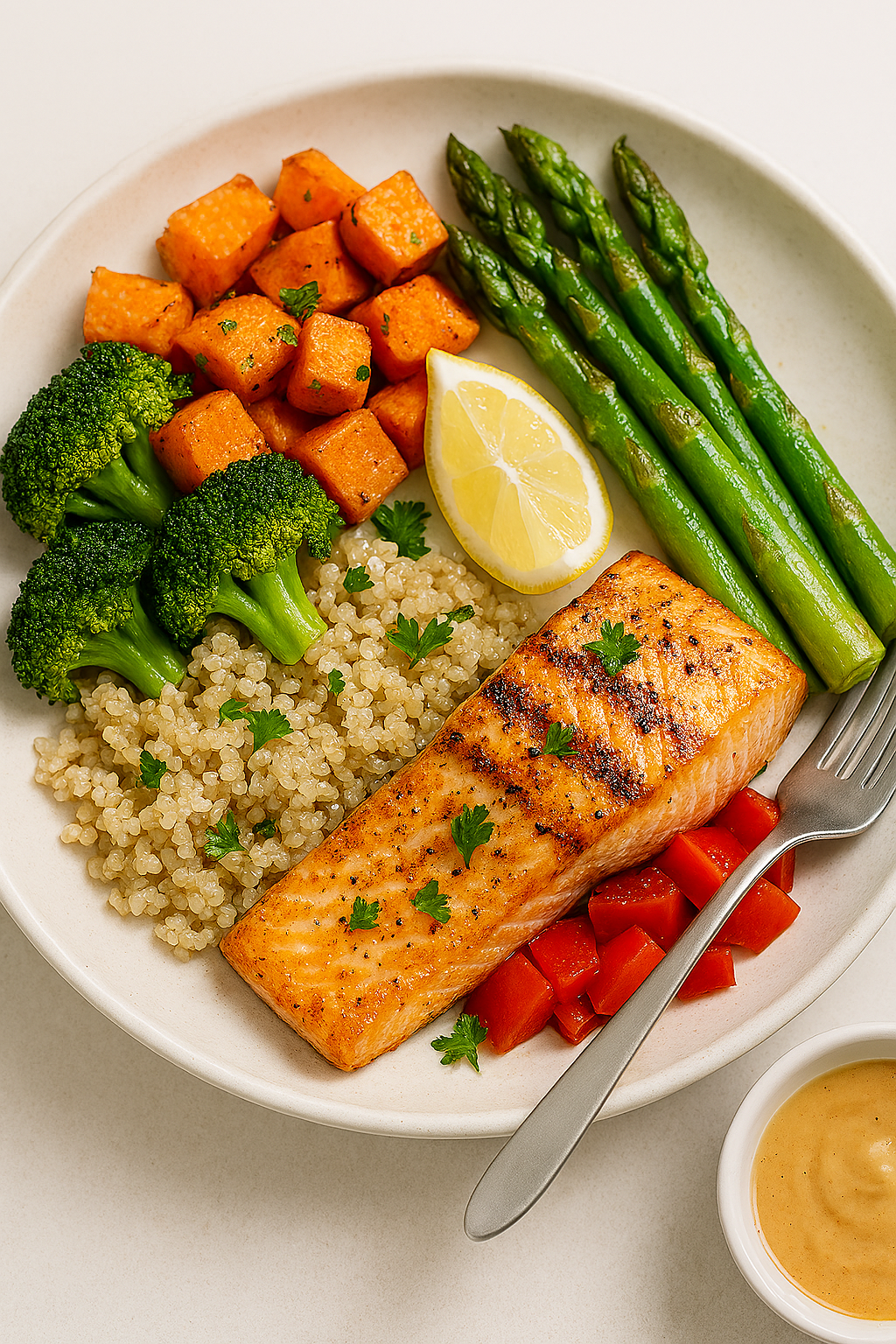 Salmon con espárragos y batatas asadas.
