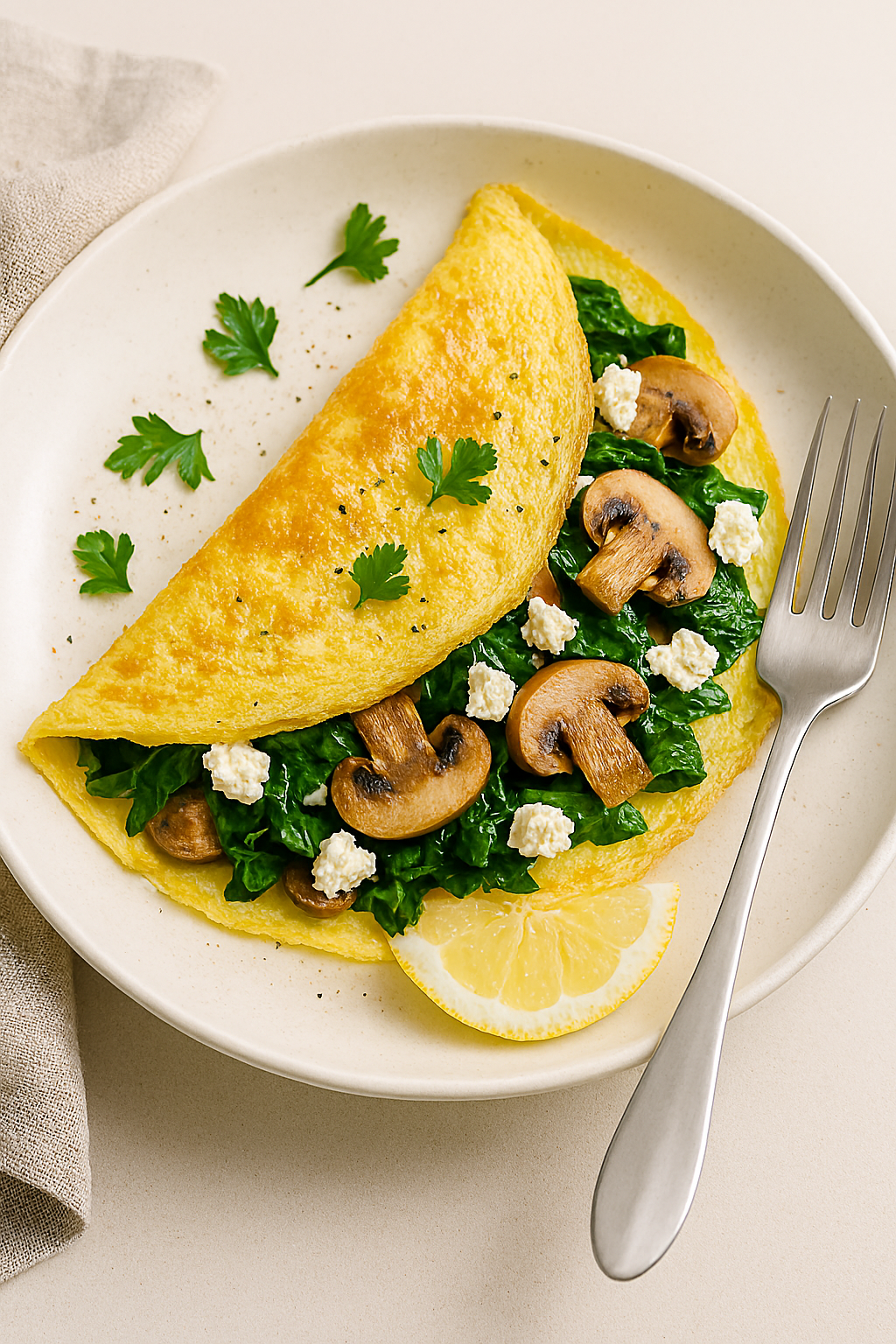 Veggie omelet con espinaca, champiñones y queso feta.