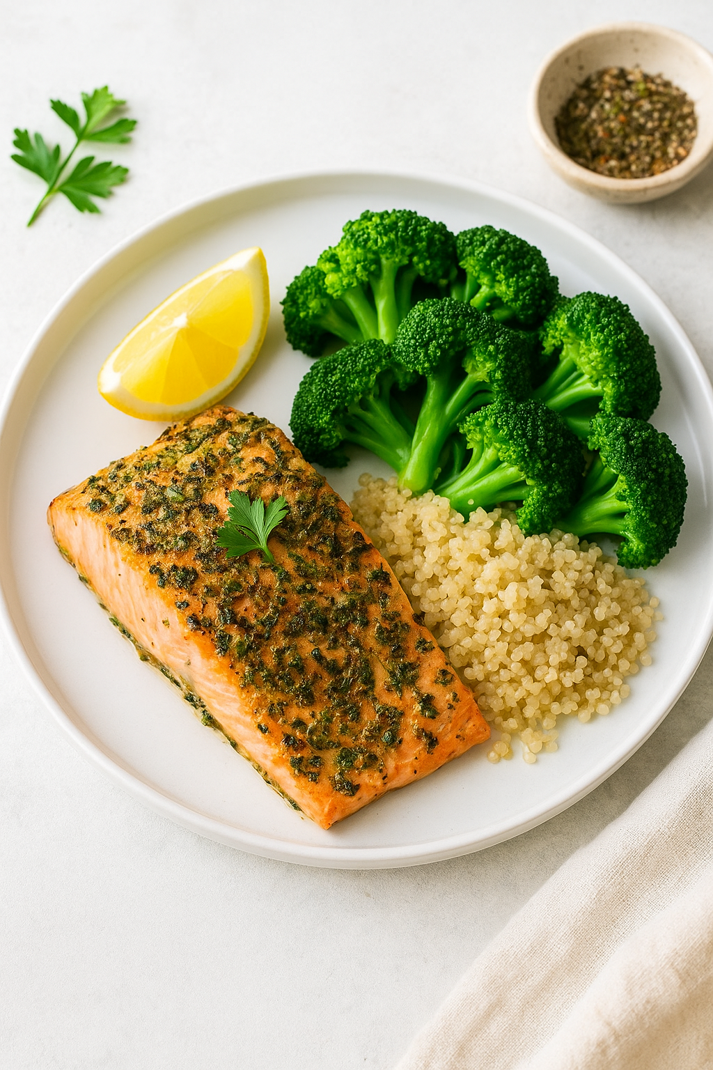 Herb-Crusted Baked Salmon con brócoli al vapor y quinoa