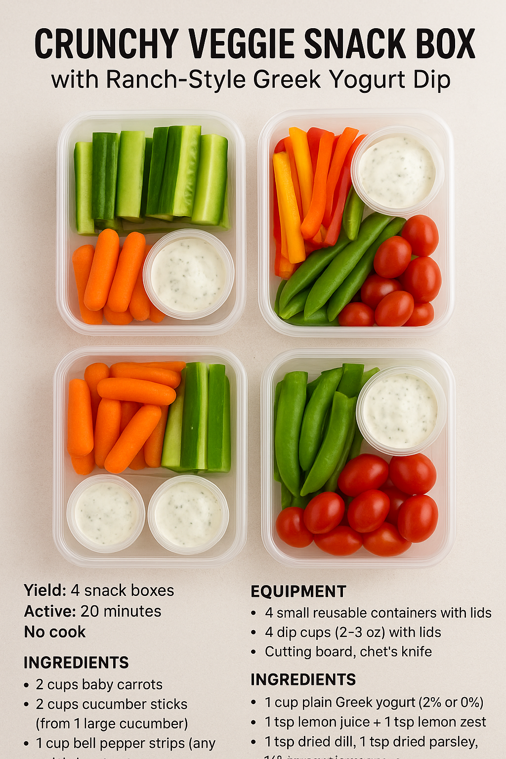 Crunchy Veggie Snack Box with Ranch-Style Greek Yogurt Dip.